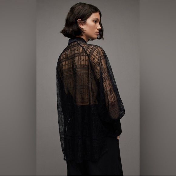 Jason Wu Black Satin Trim Lace Sheer Blouse Top Button Up Front Women's Sz M NWT - Picture 3 of 14